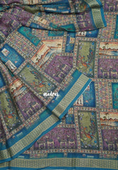 Multicolor with Peacock Blue - Silky Georgette with Art Prints with Zari Border - Perfect for Office Wear