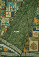 Multicolor with Sage Green - Silky Georgette with Art Prints with Zari Border - Perfect for Office Wear