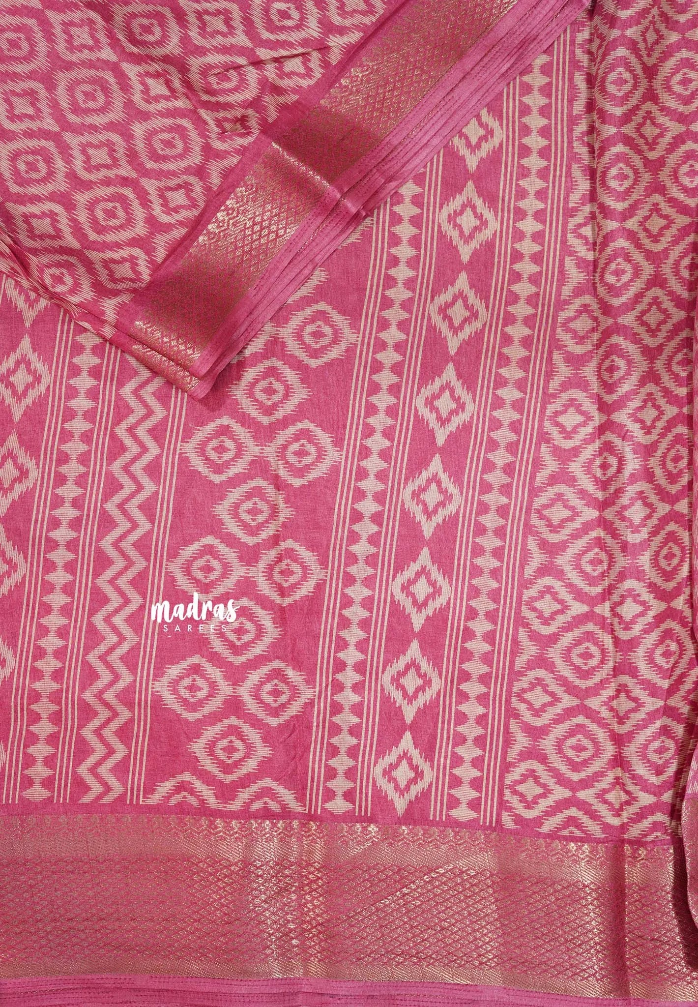 Rose Pink Glow - Silky Georgette with Ikkat Prints and Zari Border
