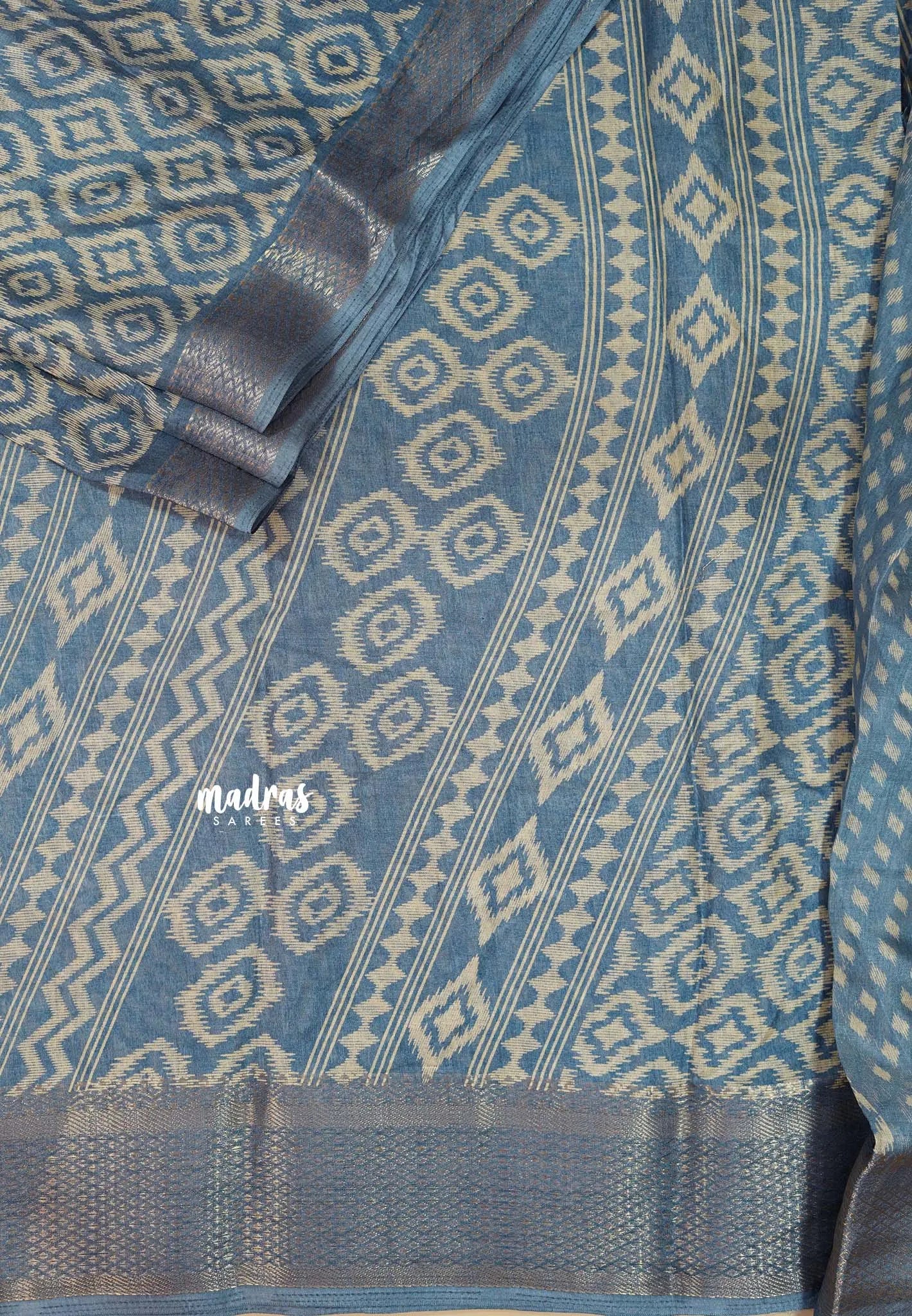 Bluish Grey - Silky Georgette with Ikkat Prints and Zari Border