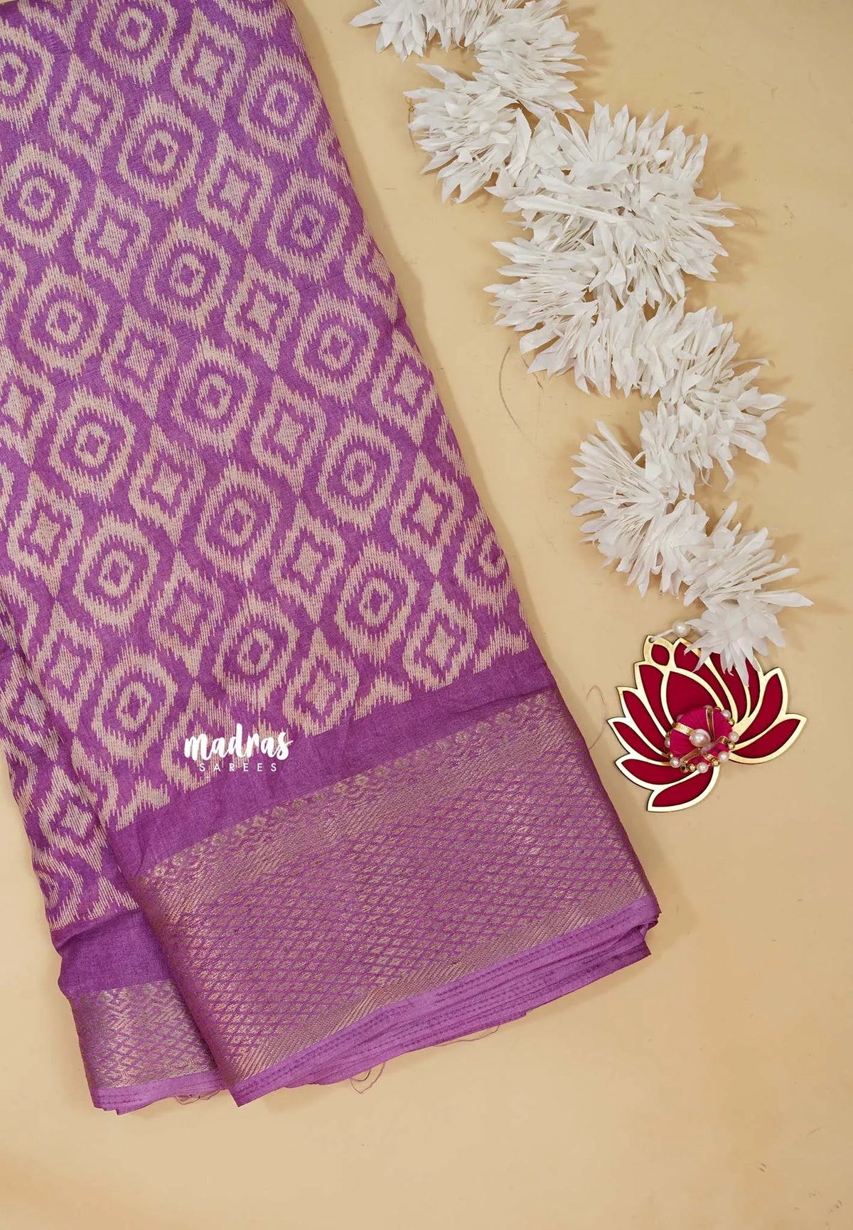 Magenta Purple - Silky Georgette with Ikkat Prints and Zari Border