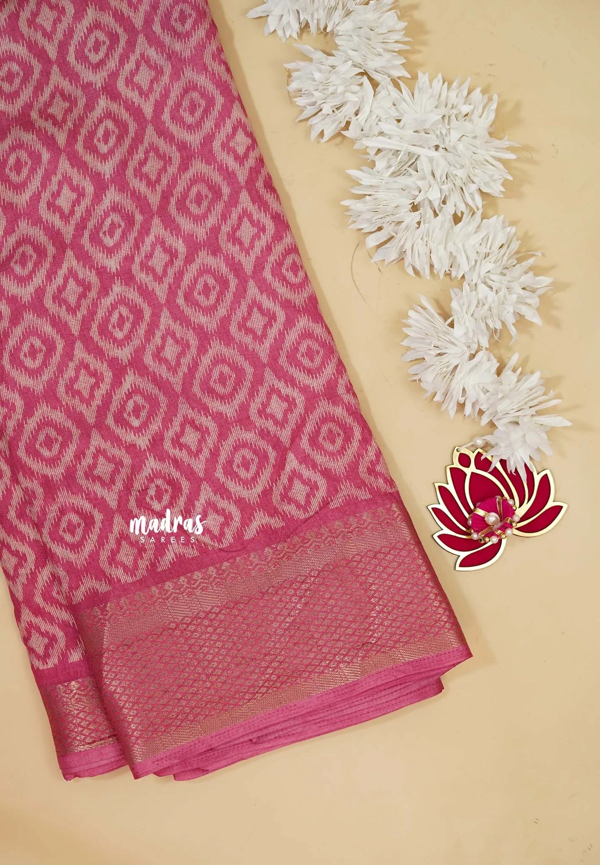 Rose Pink Glow - Silky Georgette with Ikkat Prints and Zari Border