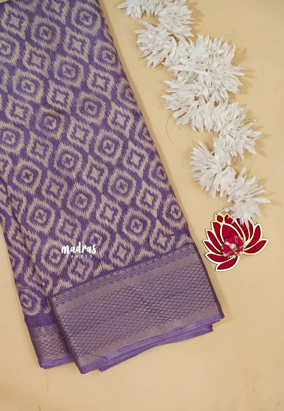 Lavender Purple - Silky Georgette with Ikkat Prints and Zari Border