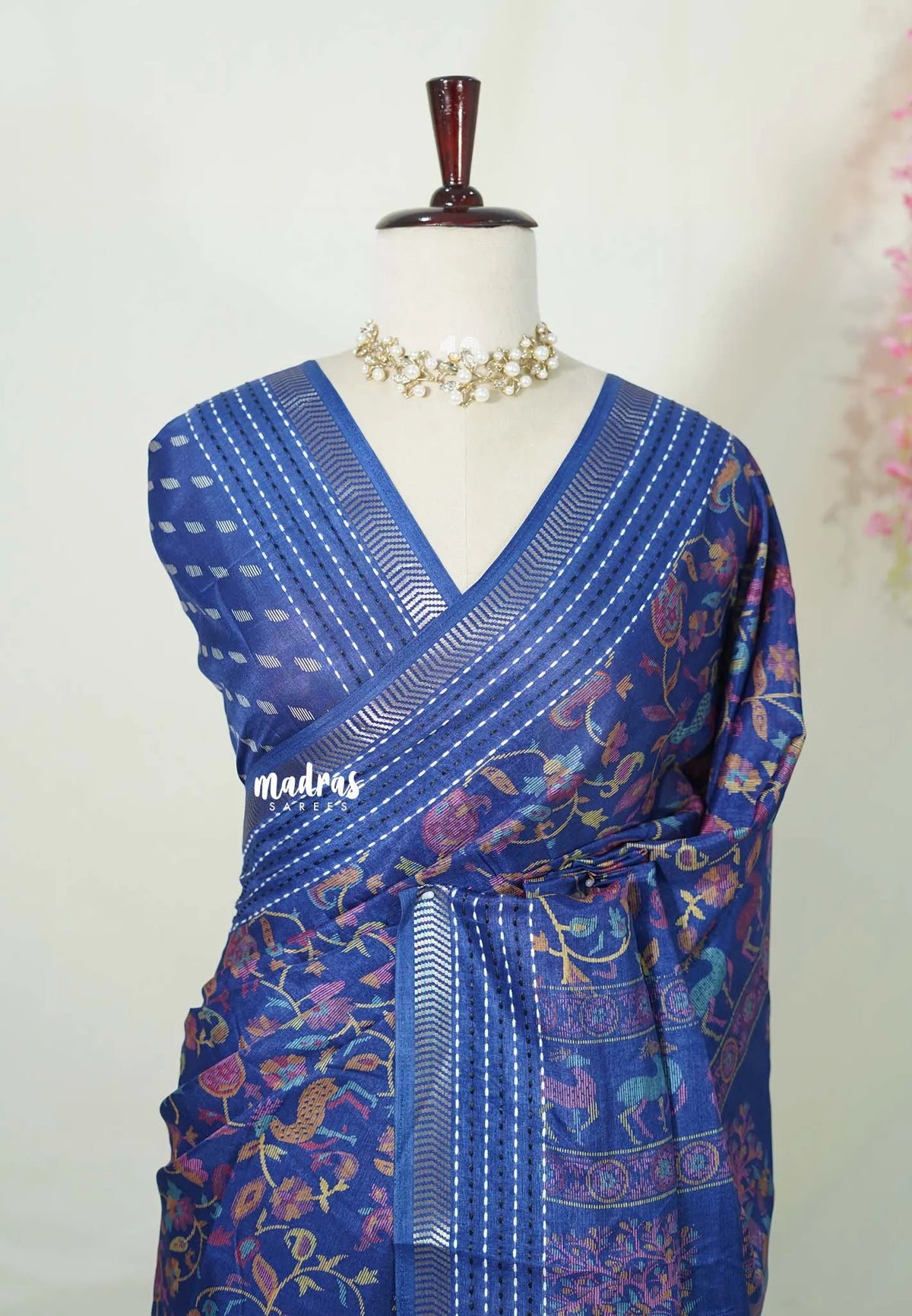 Cobalt Blue - Silky Georgette with Jamdani Prints and Kantha Stitch Border - Best for Regular Wear | Casual Wear