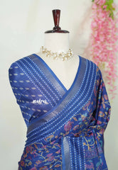 Cobalt Blue - Silky Georgette with Jamdani Prints and Kantha Stitch Border - Best for Regular Wear | Casual Wear