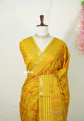 Mustard Yellow - Silky Georgette with Jamdani Prints and Kantha Stitch Border - Best for Regular Wear | Casual Wear