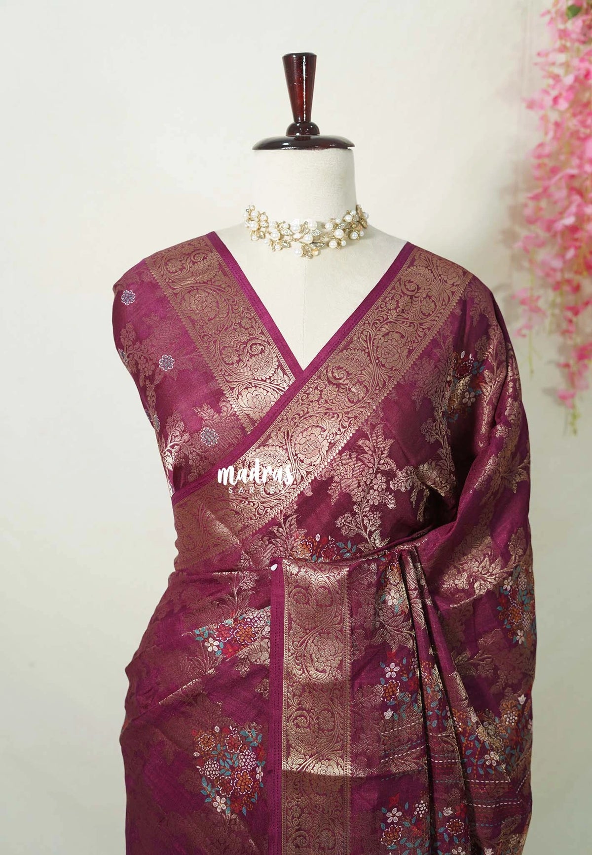 Winered - Soft and Silky Georgette with Zari Emboss Weaving with Border - Best for Office Wear