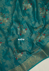 Teal Green - Soft and Silky Georgette with Zari Emboss Weaving with Border - Best for Office Wear