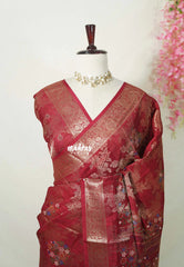 Reddish Maroon - Soft and Silky Georgette with Zari Emboss Weaving with Border - Best for Office Wear