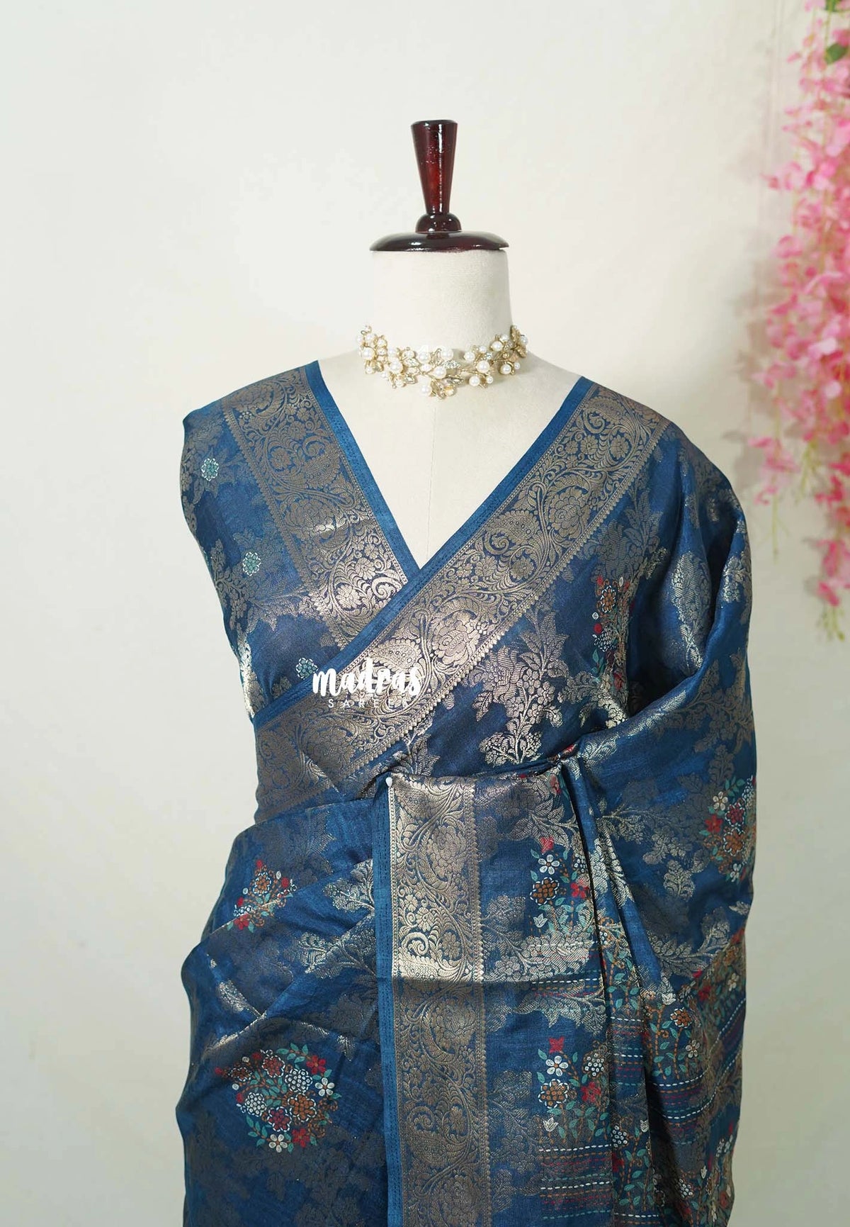 Berlin Blue - Soft and Silky Georgette with Zari Emboss Weaving with Border - Best for Office Wear