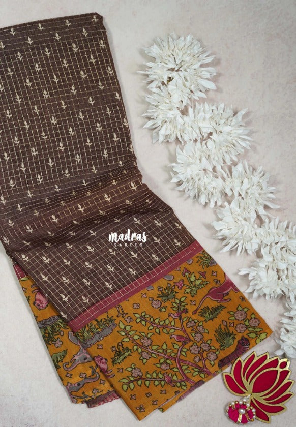 Muted Brown - Soft and Breezy Silky Georgette with Zari Kattam Body Kalamkari Border- Best for Office Wear