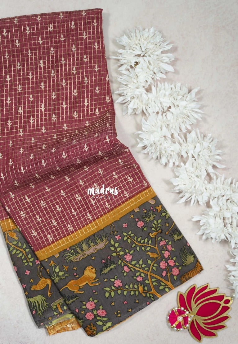 Muted Reddish Maroon - Soft and Breezy Silky Georgette with Zari Kattam Body Kalamkari Border- Best for Office Wear