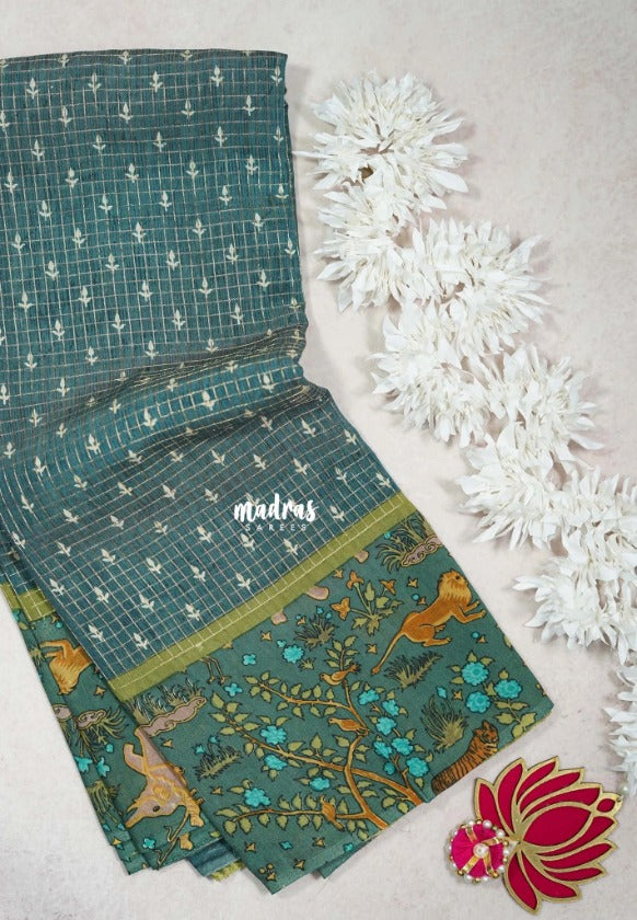 Muted Teal - Soft and Breezy Silky Georgette with Zari Kattam Body Kalamkari Border- Best for Office Wear