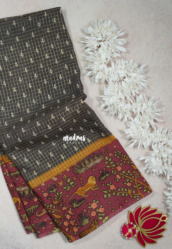 Muted Grey - Soft and Breezy Silky Georgette with Zari Kattam Body Kalamkari Border- Best for Office Wear