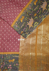 Muted Reddish Maroon - Soft and Breezy Silky Georgette with Zari Kattam Body Kalamkari Border- Best for Office Wear