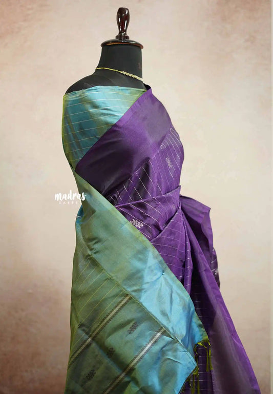 Sinamika Vegan silk Chinnala pattu with blouse - Deep purple with dual shade blue