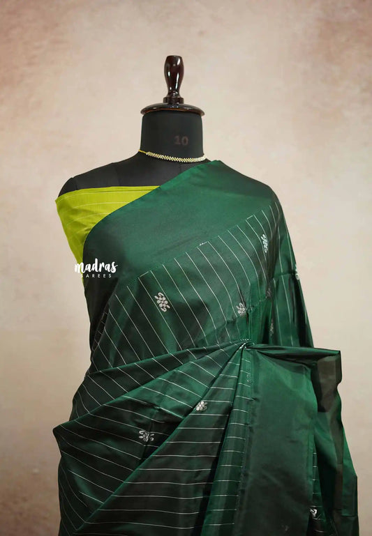 Sinamika Vegan silk Chinnala pattu with blouse - Deep green with neon green