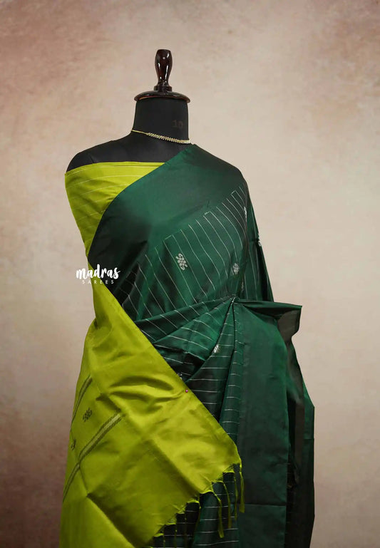 Sinamika Vegan silk Chinnala pattu with blouse - Deep green with neon green