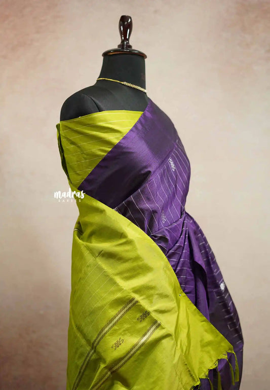 Sinamika Vegan silk Chinnala pattu with blouse - Deep purple with neon green