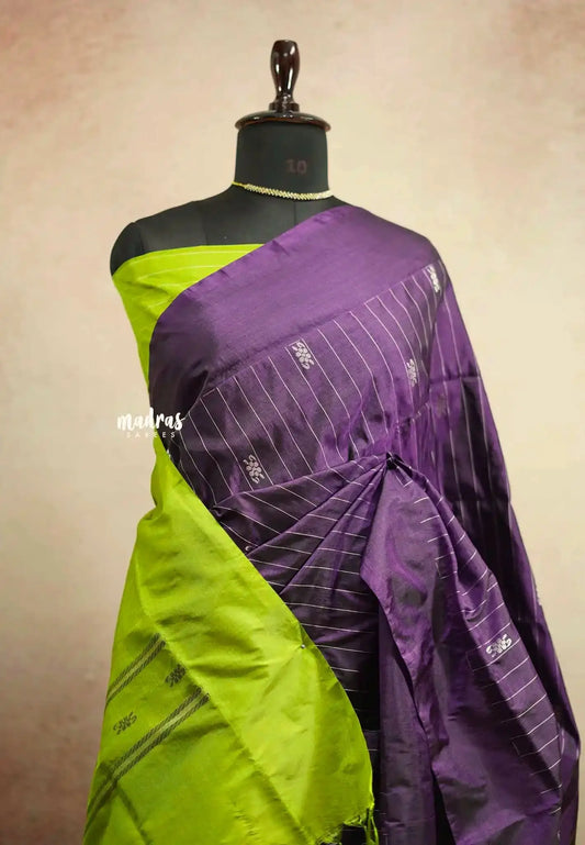 Sinamika Vegan silk Chinnala pattu with blouse - Wine purple with neon green