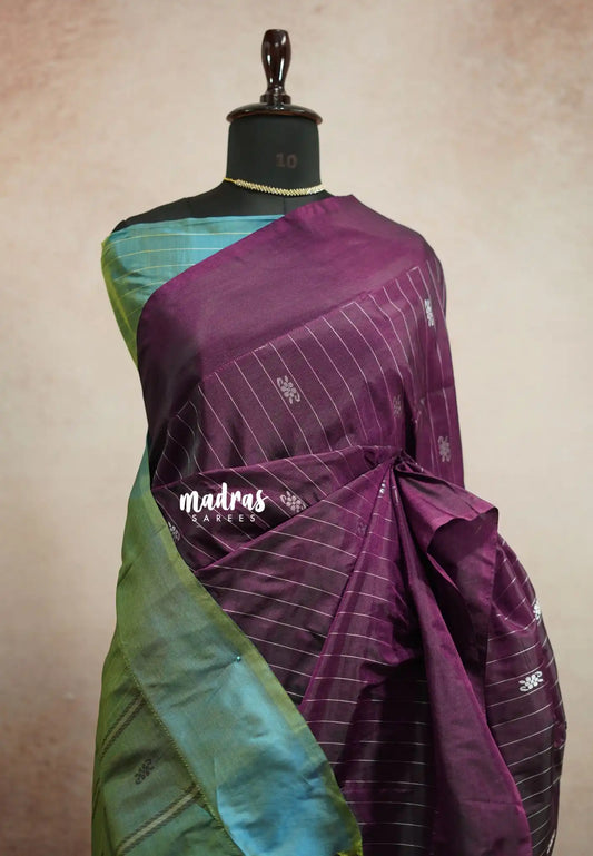 Sinamika Vegan silk Chinnala pattu with blouse - Wine purple with dual shade blue