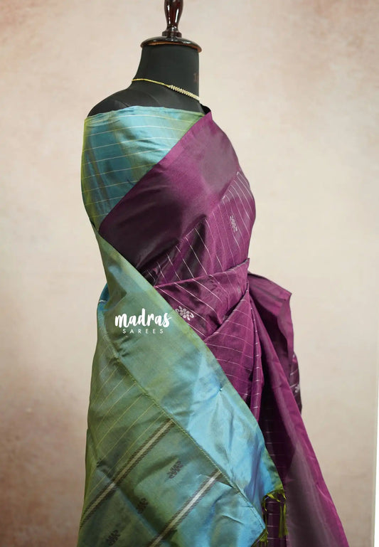 Sinamika Vegan silk Chinnala pattu with blouse - Wine purple with dual shade blue