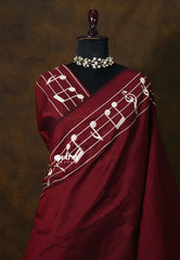 Deep Maroon - sindhu bhairavi - Madras Margazhi Special Handpainted Bamboo Cotton Saree with music notes