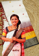 Madhuram white binny silk with tri color weaving border