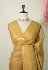 Muted Golden Sand - Semi Tussar Saree with Gicha Texture Body with Zari Checks - Best for Small Functions