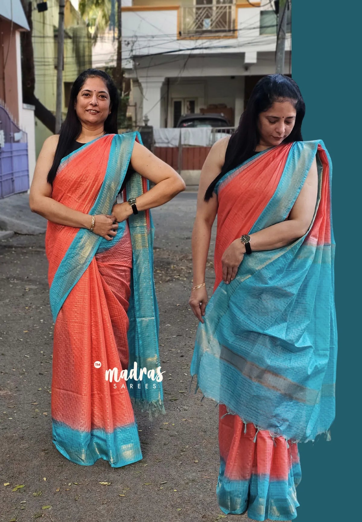 Sithara - Semi Tussar saree Blue with peach gradient pattern with checks bodyi