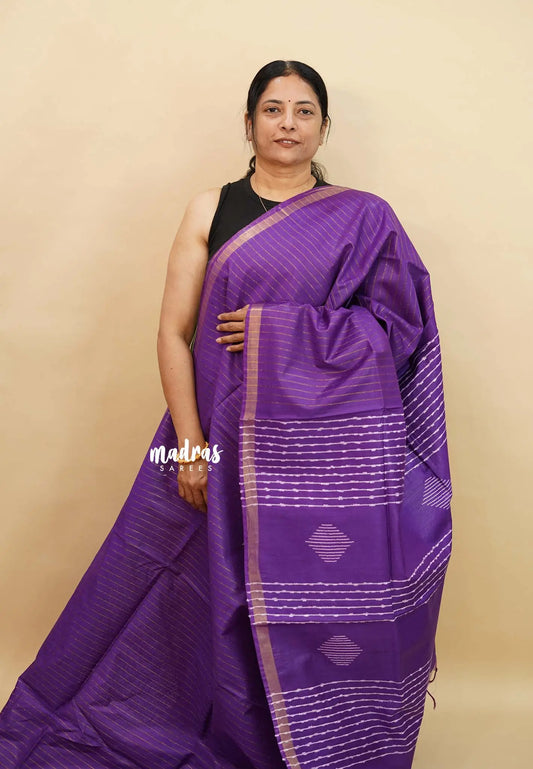 Purple - khadi silk zari stripes weaving with small tissue border