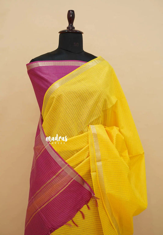 Yellow with Magenta Pink - Sithara - Semi Tussar saree Golden zari Checks in body with Contrast Pallu and blouse