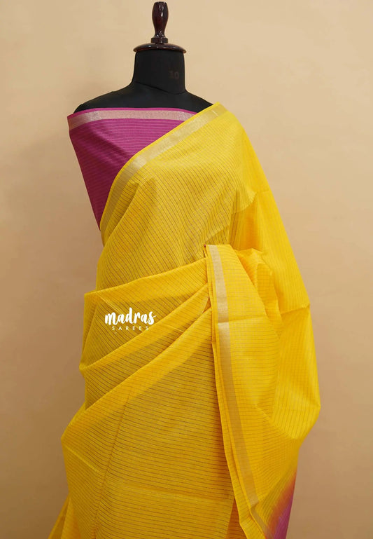 Yellow with Magenta Pink - Sithara - Semi Tussar saree Golden zari Checks in body with Contrast Pallu and blouse