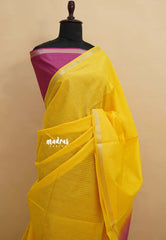 Yellow with Magenta Pink - Sithara - Semi Tussar saree Golden zari Checks in body with Contrast Pallu and blouse