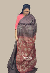 Dark Chocolate Brown - Sithara - Tussar Saree Thread Line Weaving Body with Contrast Pallu and Blouse - Best for Office Wear