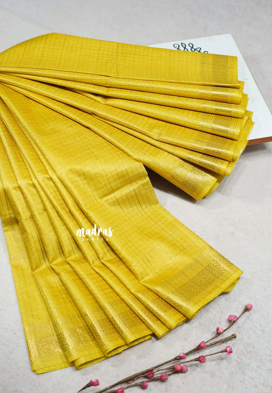 Golden Yellow - Sithara - Semi Tussar saree Golden zari Checks in body with Zari Border