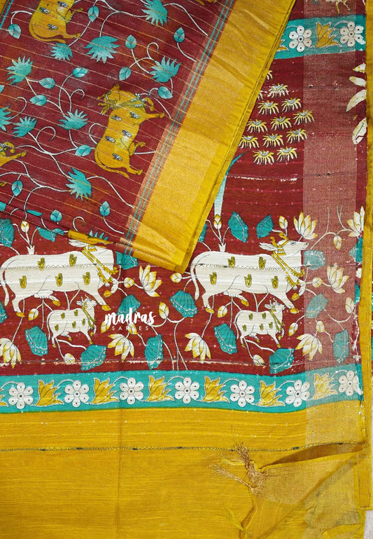 Magic Mustard Yellow - Sithara - Semi Tussar saree with kalamkari prints