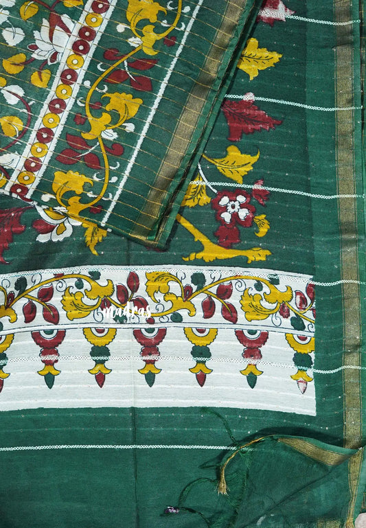 Deep Green Glow - Sithara - Semi Tussar saree with kalamkari prints