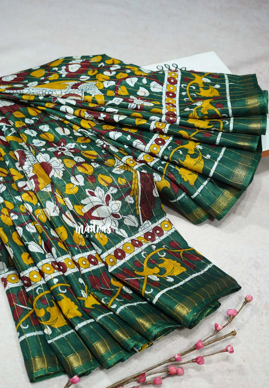 Deep Green Glow - Sithara - Semi Tussar saree with kalamkari prints