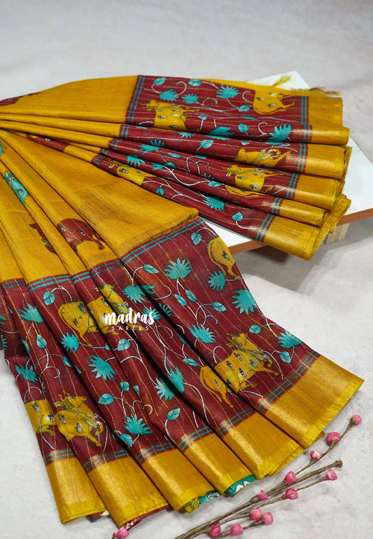 Magic Mustard Yellow - Sithara - Semi Tussar saree with kalamkari prints
