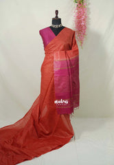 Brick Red - Sithara - Semi Tussar Saree with Jute Weaving Contrast Pallu and Blouse - Best for Small Functions | Casual Wear