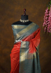 Brick Red - Sithara - Semi Tussar saree gradient pattern with checks body - Best for Festive Wear