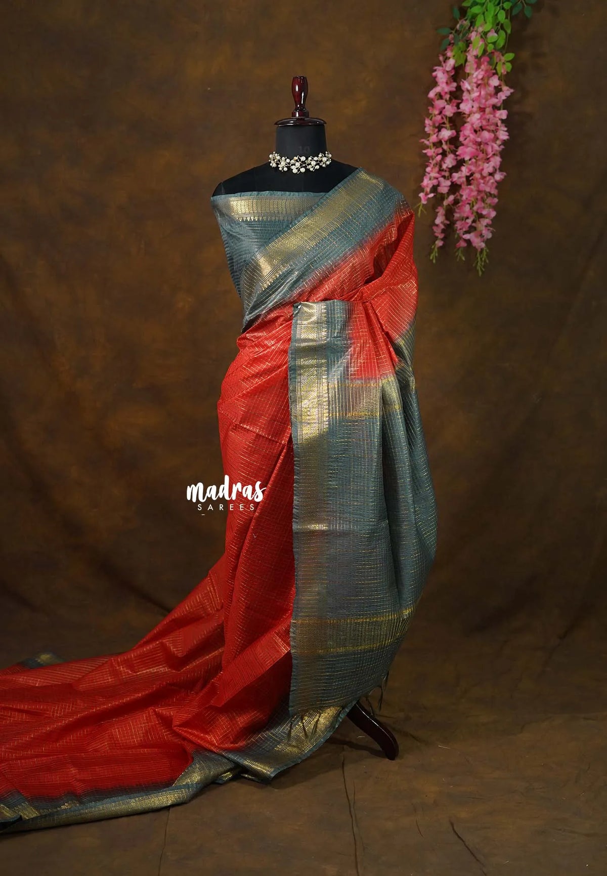 Brick Red - Sithara - Semi Tussar saree gradient pattern with checks body - Best for Festive Wear