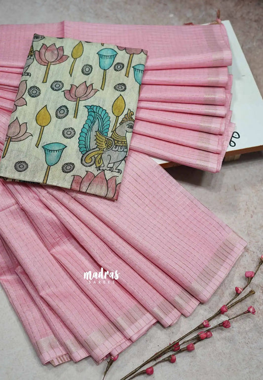 Pink checks - Sithara - Semi Tussar saree with kalamkari silk blouse