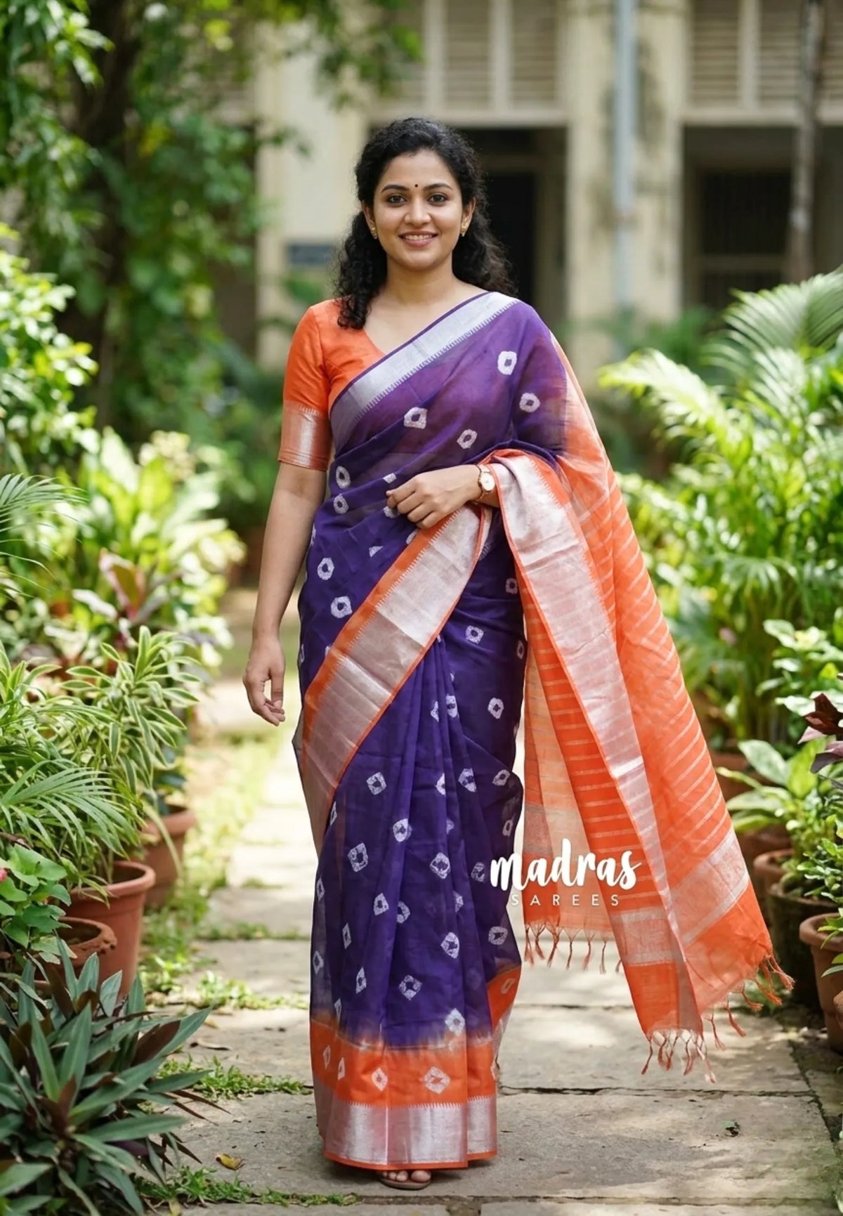 Brinjal Purple - Sithara - Semi Tussar Shibori Motives with Silver Zari Border - Best for Small Functions