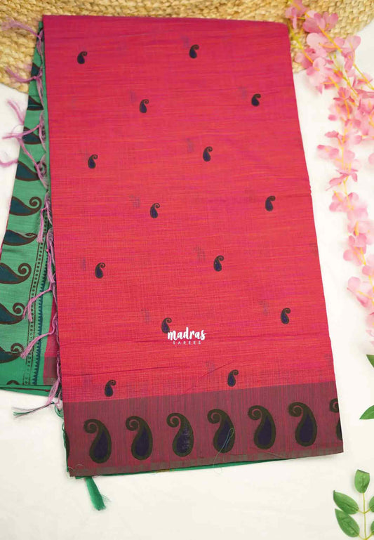 Soft Slub cotton saree beetroot color with mango border