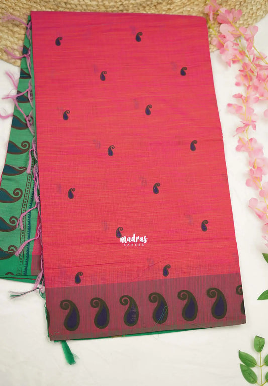 Soft Slub cotton saree dual shade peach color with mango border