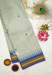 Karthigai silk cotton small border with temple weaving - Dual shade mild greyish blue