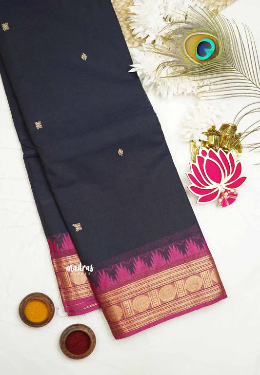 Karthigai silk cotton rudraksham with temple weaving - Deep Navy blue