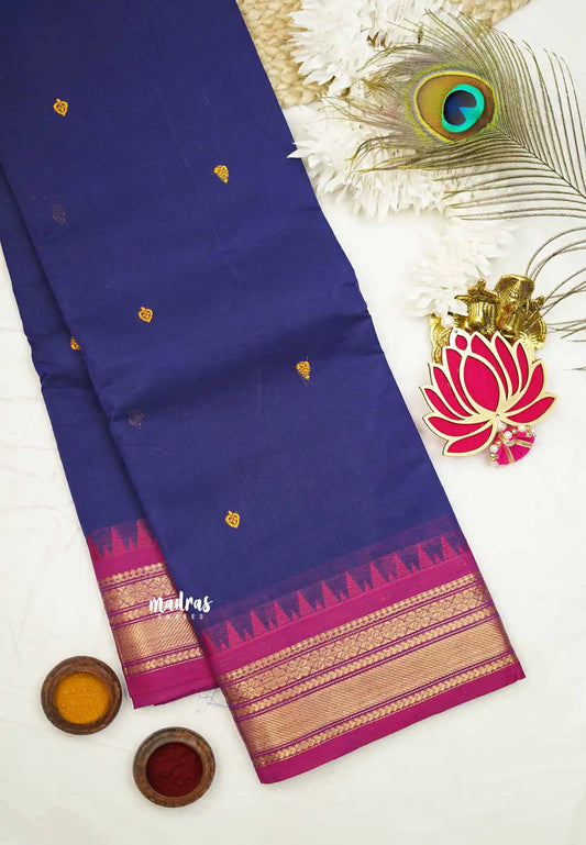 Karthigai silk cotton Bavanji border with temple - MS Blue